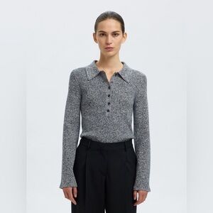 Selected Femme Knitted Polo Sweater in Dark Sapphire/Birch Mix – Size XL – NWT